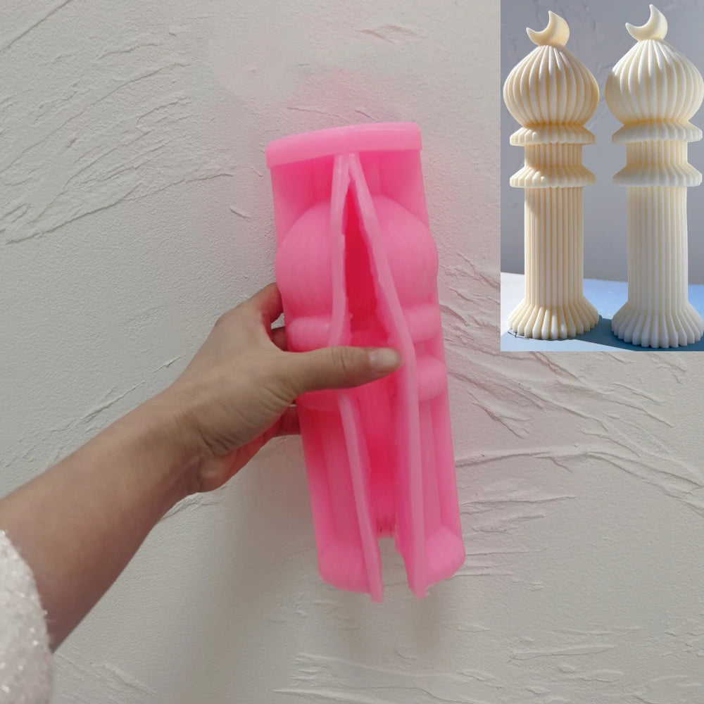 Pink silicone Stacked Dome B mold with a ribbed pillar and layered shoulders