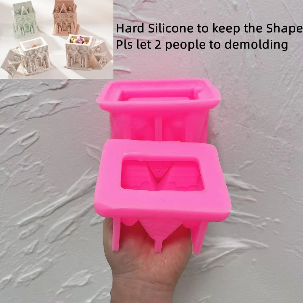 Pink Tall House container molding pieces with two-person demolding guidance