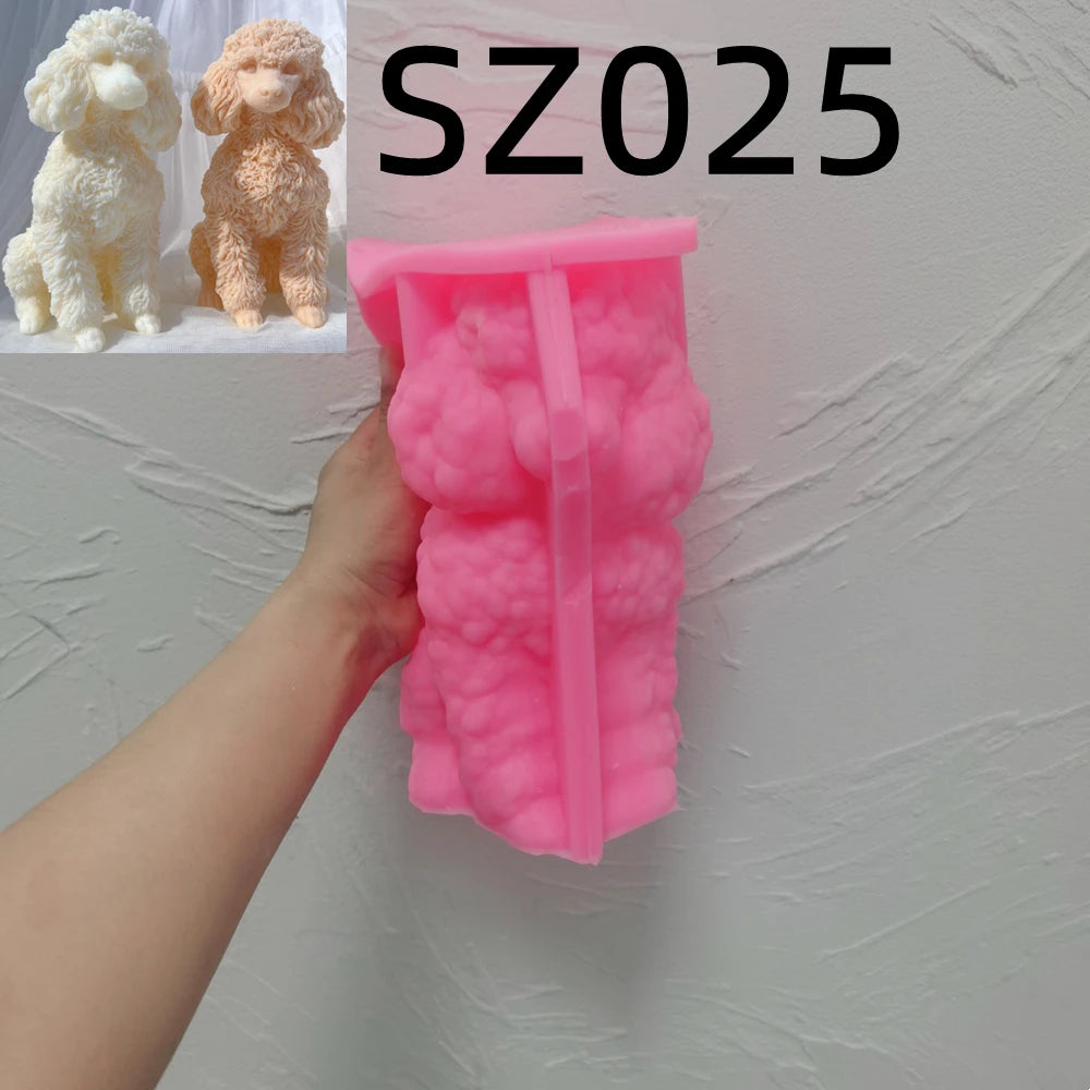 Pink poodle silicone candle mold held in one hand