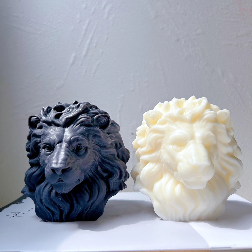 Two lion-head sculptures from the front showing prominent eyes, muzzle and mane