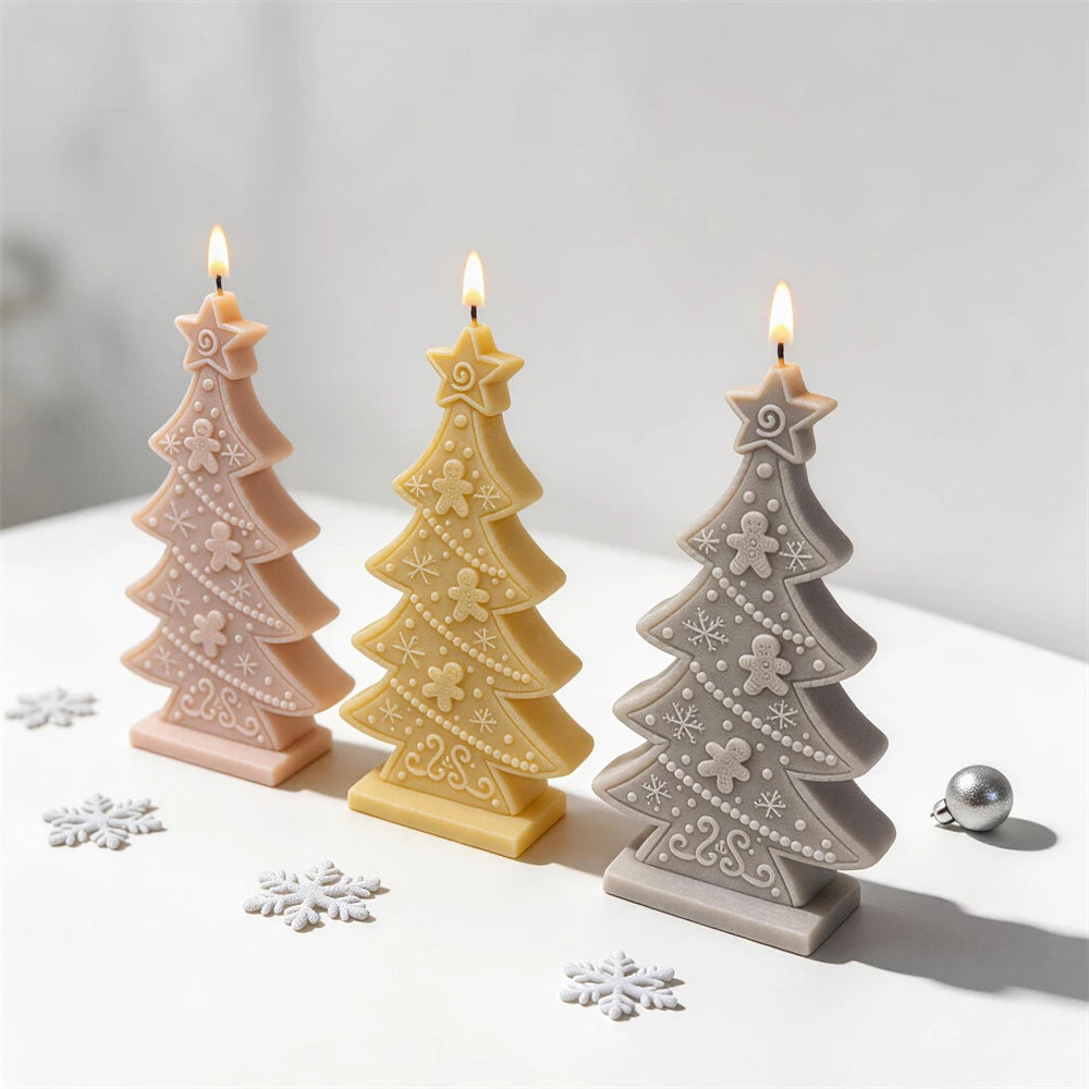 Christmas tree candle castings viewed from front and angled sides