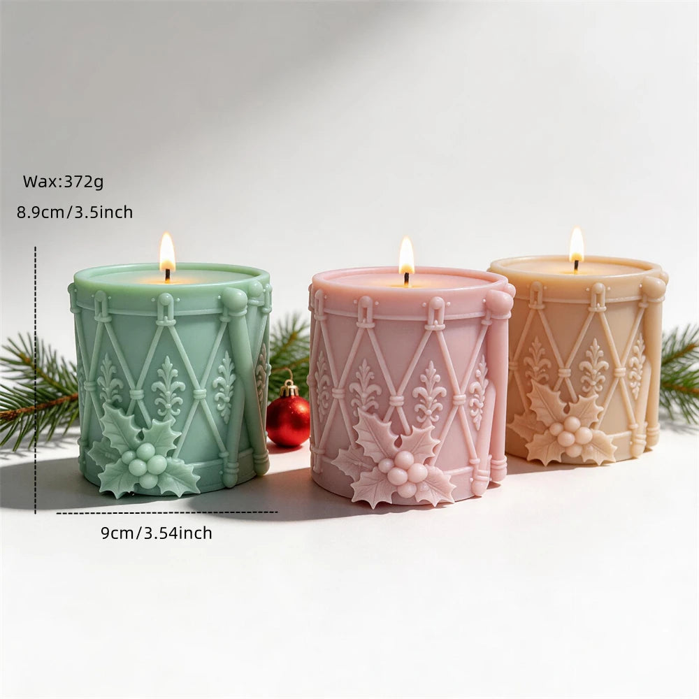 Drum candle size graphic showing 8.9 cm height, 9 cm base and 372 g wax