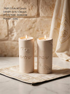 Tall cylindrical Shabbat and Shalom candle holders with dimensions shown