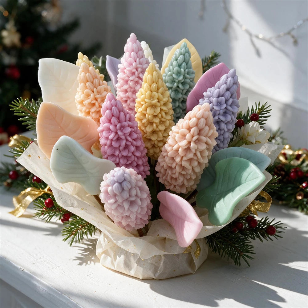 Close-up of textured pastel lilac candle spikes and veined leaves in a wrapped arrangement