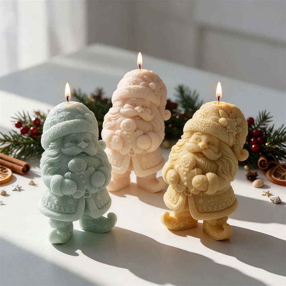 Group of gnome candles beside Christmas decorations