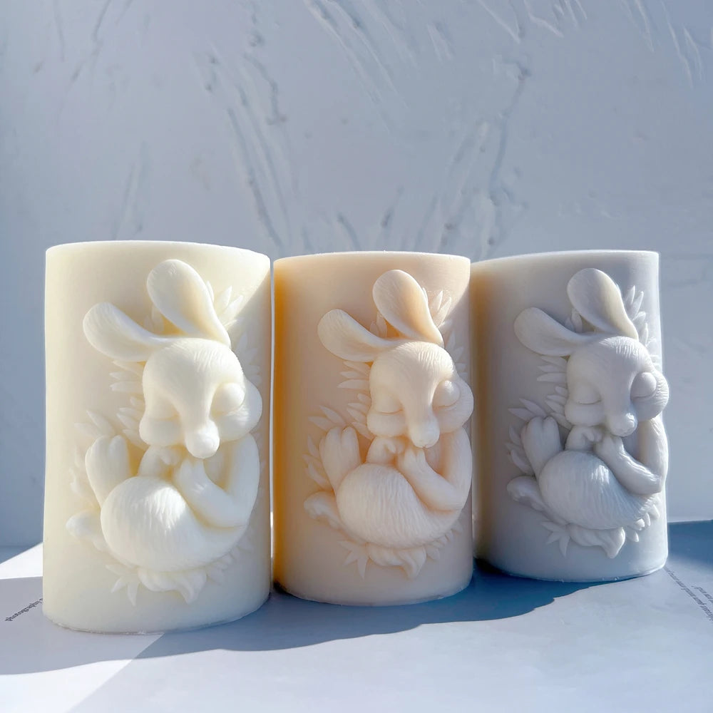 Rabbit relief pillars arranged side by side in sunlight