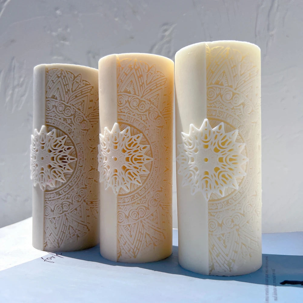 Three floral medallion pillars in cream gray and peach