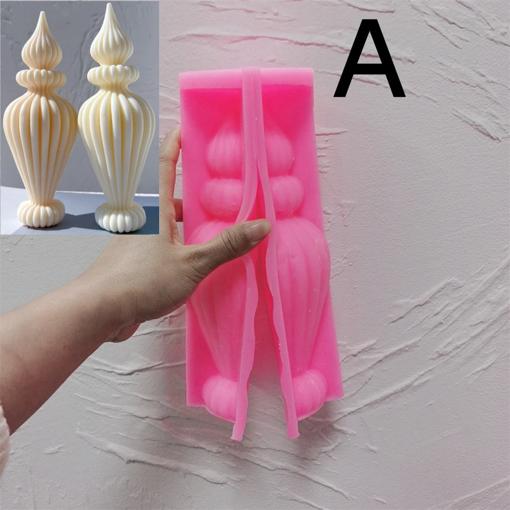 Pink mold for Pointed Pillar A with tapered candle examples