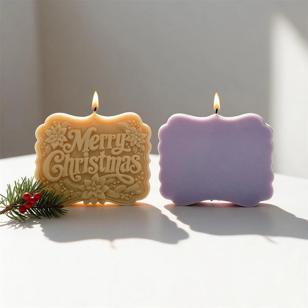 Plain back of purple sign beside front-facing gold Merry Christmas candle
