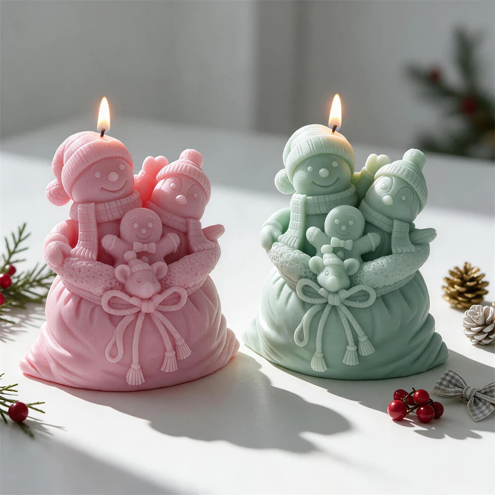 Snowmen and gingerbread figures peeking from tied sacks