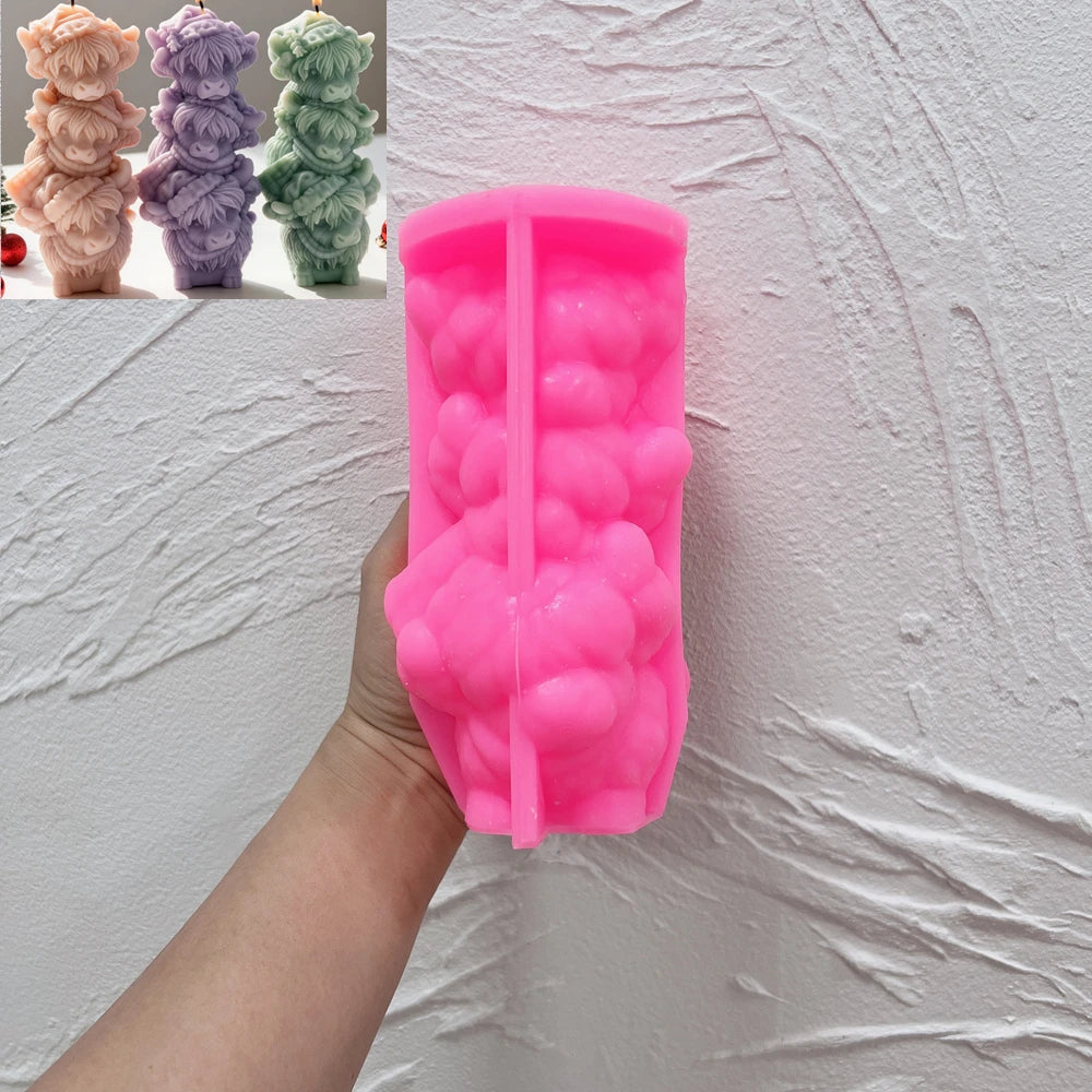 Pink silicone mold for connected three-head Highland cow stack