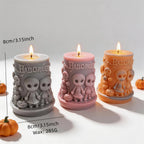 Halloween pillar dimension graphic showing 8 cm height, 8 cm width and a 285 g wax reference
