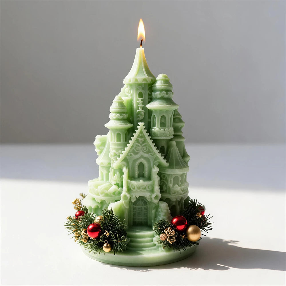 Green turreted castle candle sample decorated with festive greenery