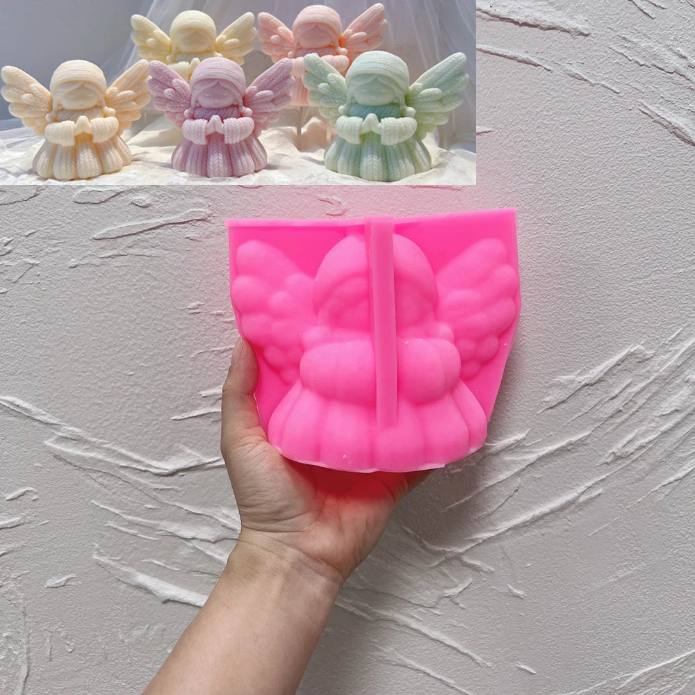 Pink silicone mold for praying angel with joined hands and wings