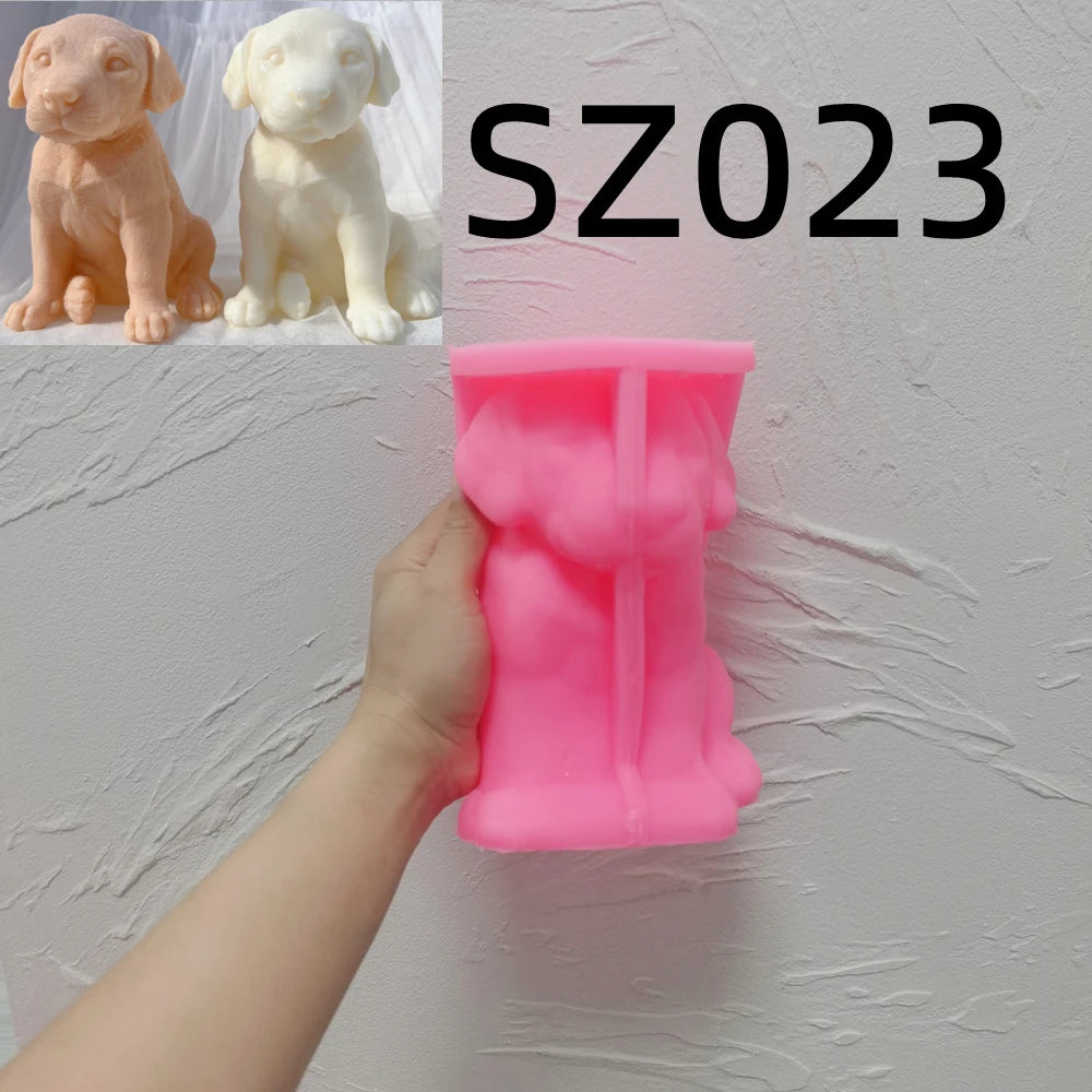 Pink silicone short-coat puppy mold labeled SZ023 held in a hand