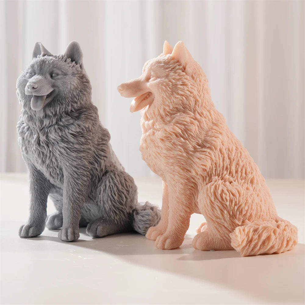 Side view of sitting dog castings showing their curled tails