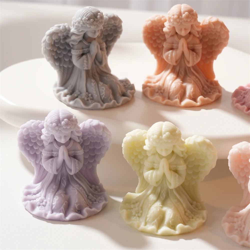Pastel angel candle samples viewed from the front and side