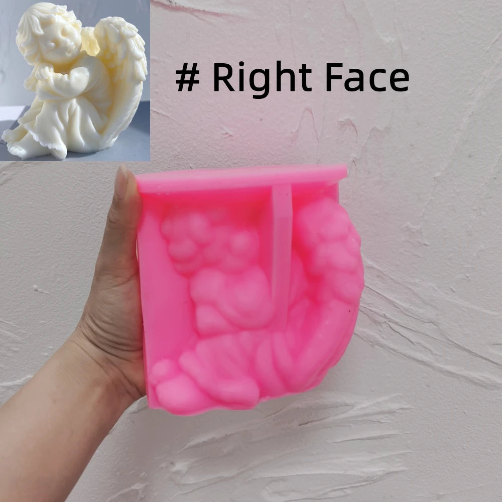 Pink silicone mold labeled Right Face for the Cherub Right seated design