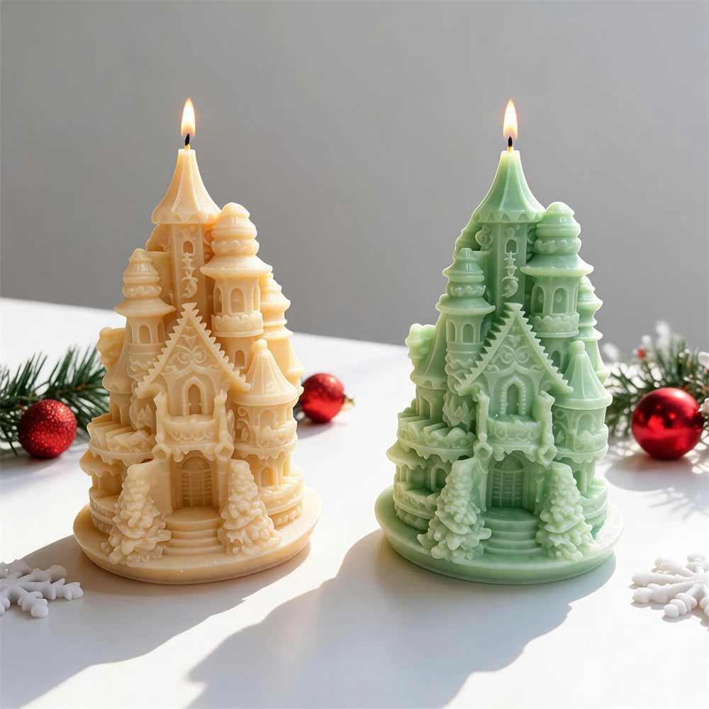 Gold and green castle candle samples with pointed turrets and arched entrances