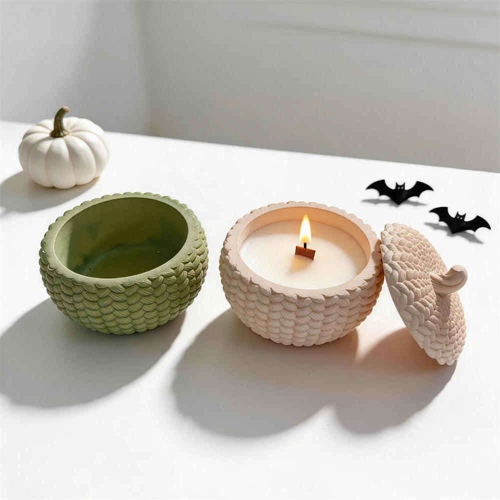 Empty green pumpkin container beside a filled vessel and lid