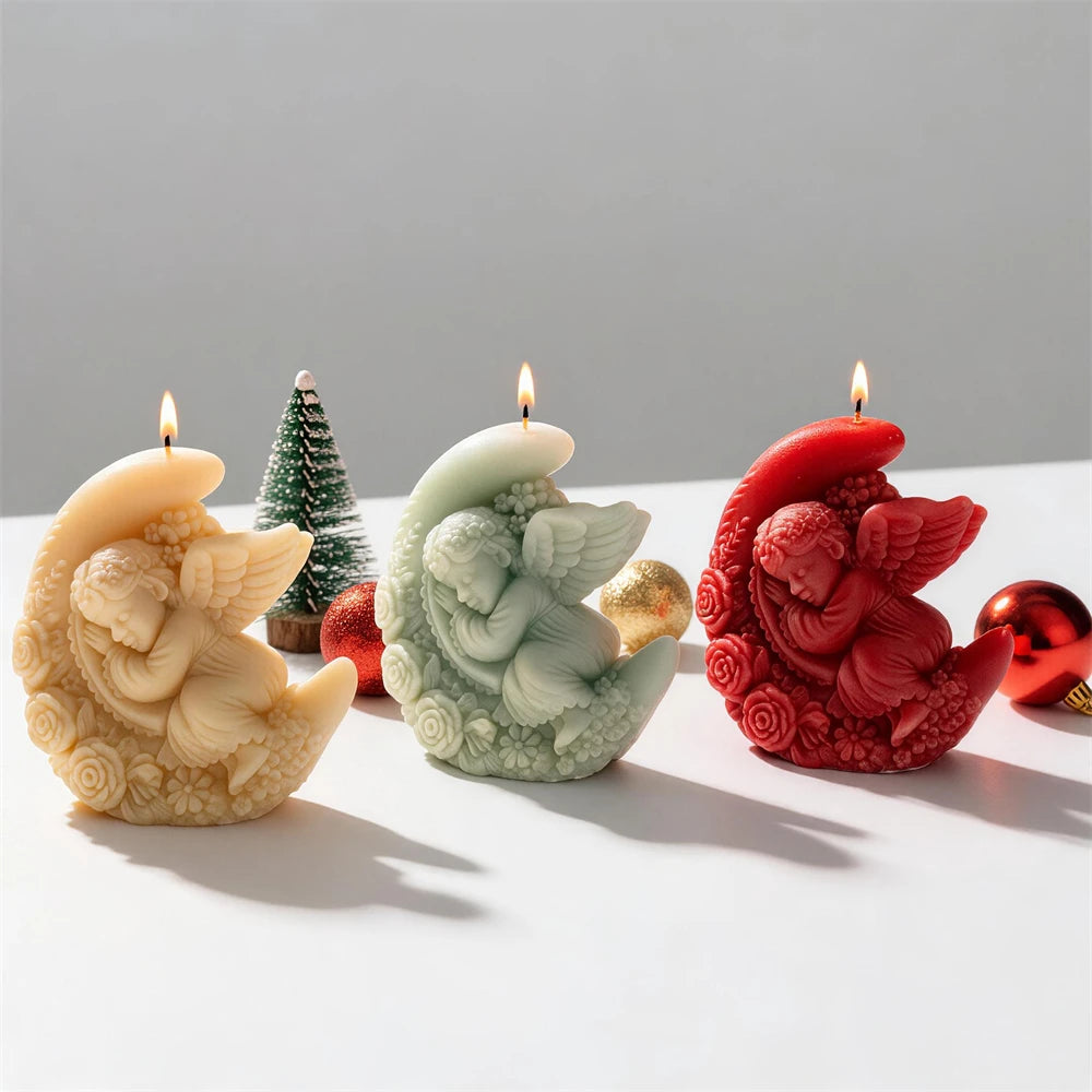 Angel sitting inside crescent moon sculptural candle samples