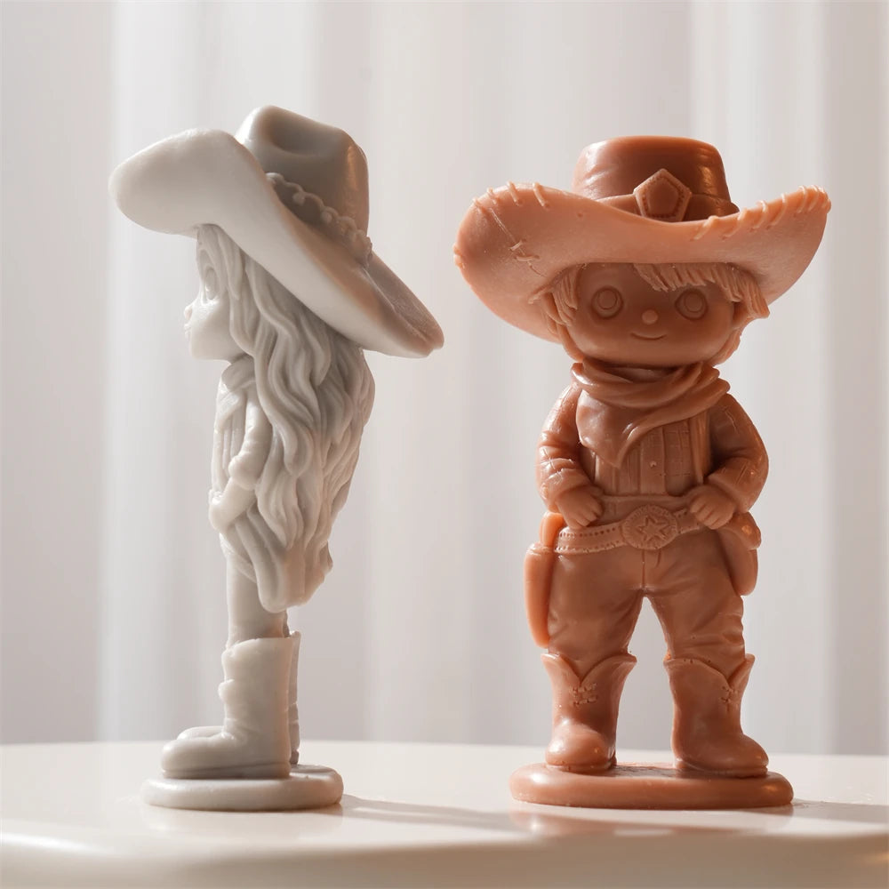Side of long-haired cowgirl beside front-facing cowboy