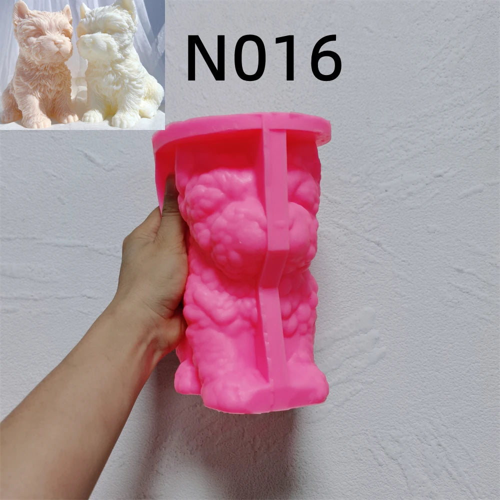 Pink silicone terrier mold labeled N016 held beside casting references