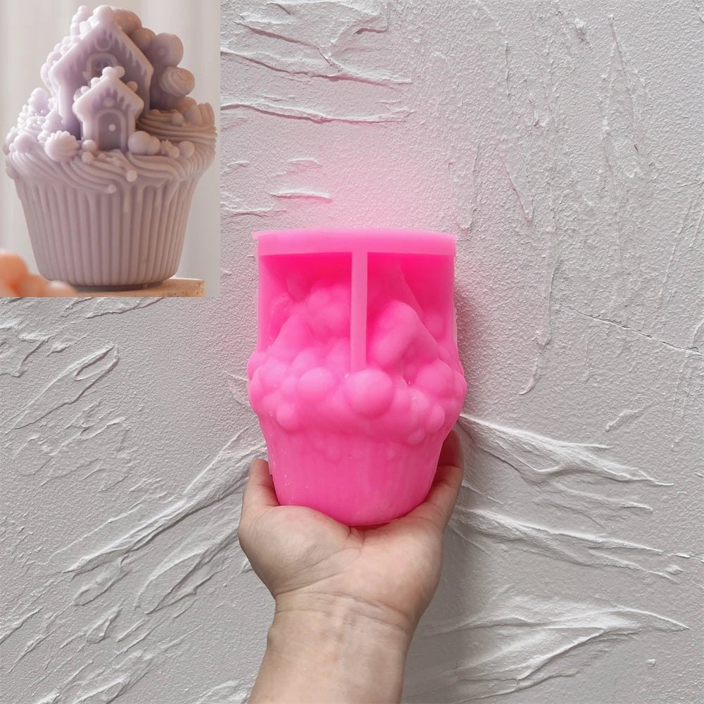Pink Snow House cupcake silicone mold with matching example