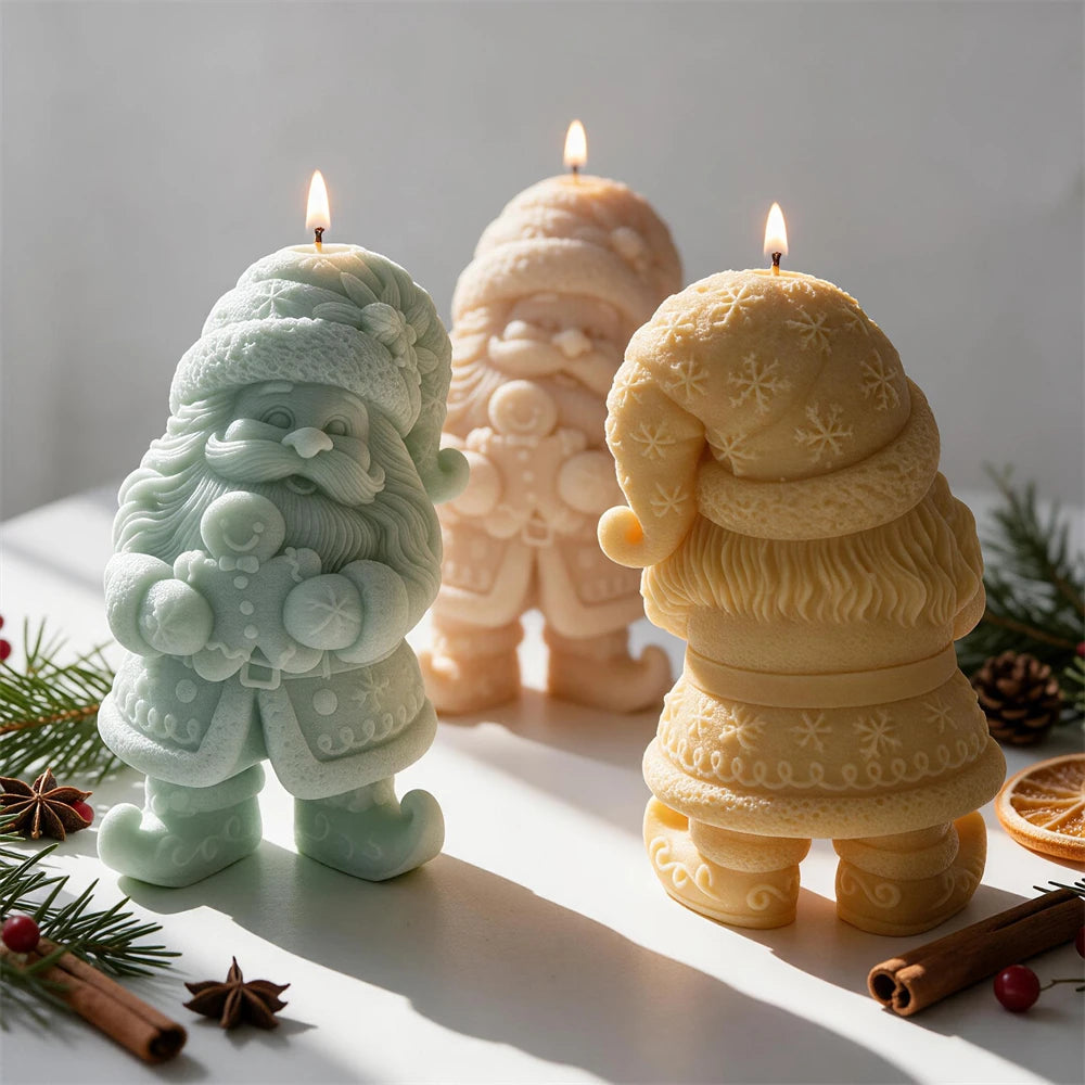 Front and rear views of gnome candles with winter clothing
