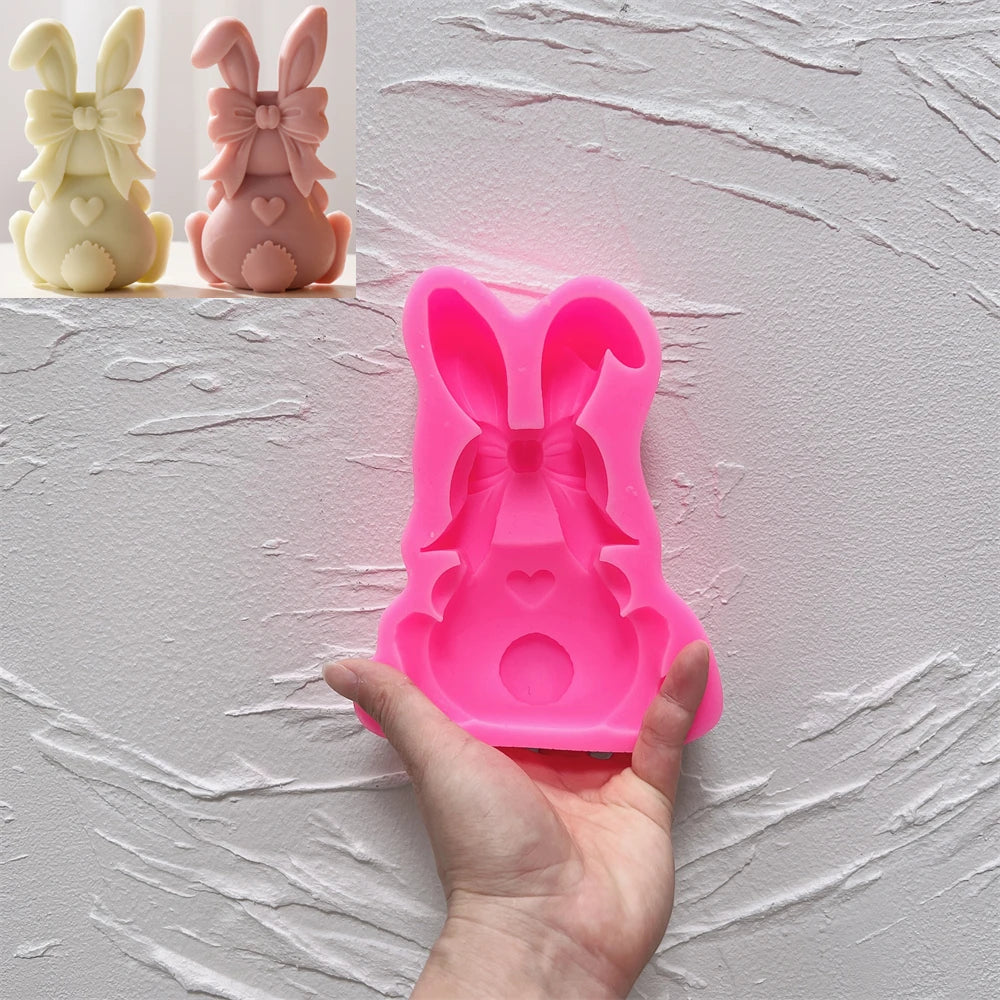 Pink silicone back-view bunny mold with bow heart and tail cavities