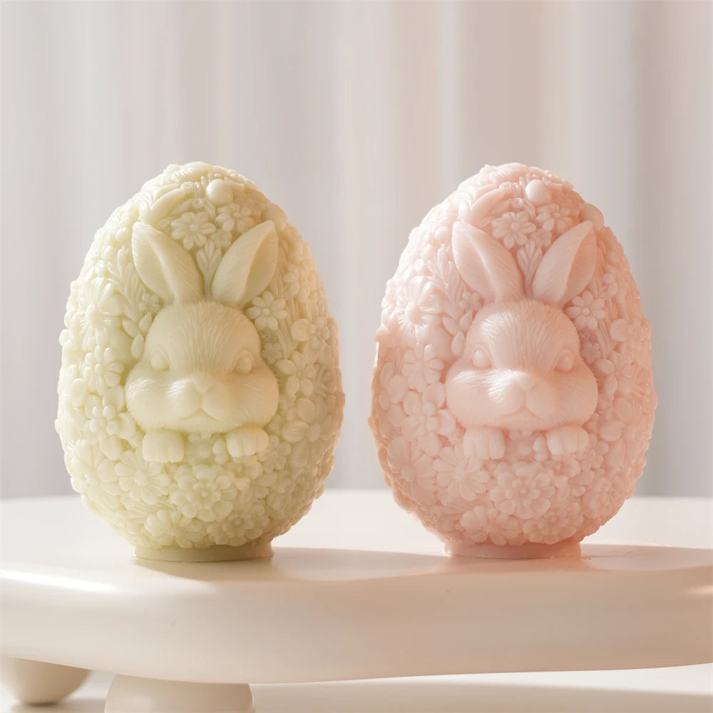 Close-up of bunny portraits emerging from floral egg surfaces