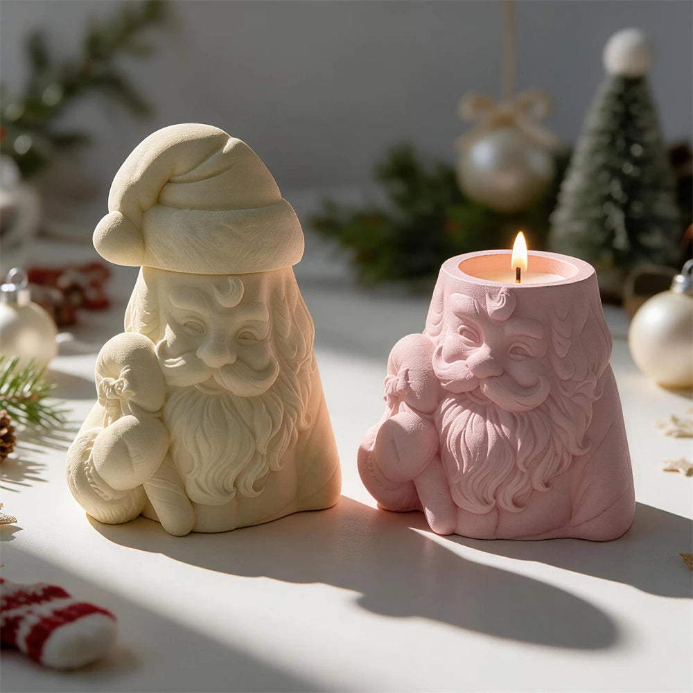 Santa container with hat lid beside an open candle-filled example