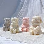Group of winter bears with caps, scarves and presents