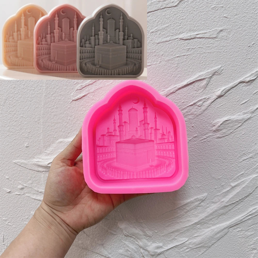 Pink silicone arch mold with Kaaba and skyline relief cavity