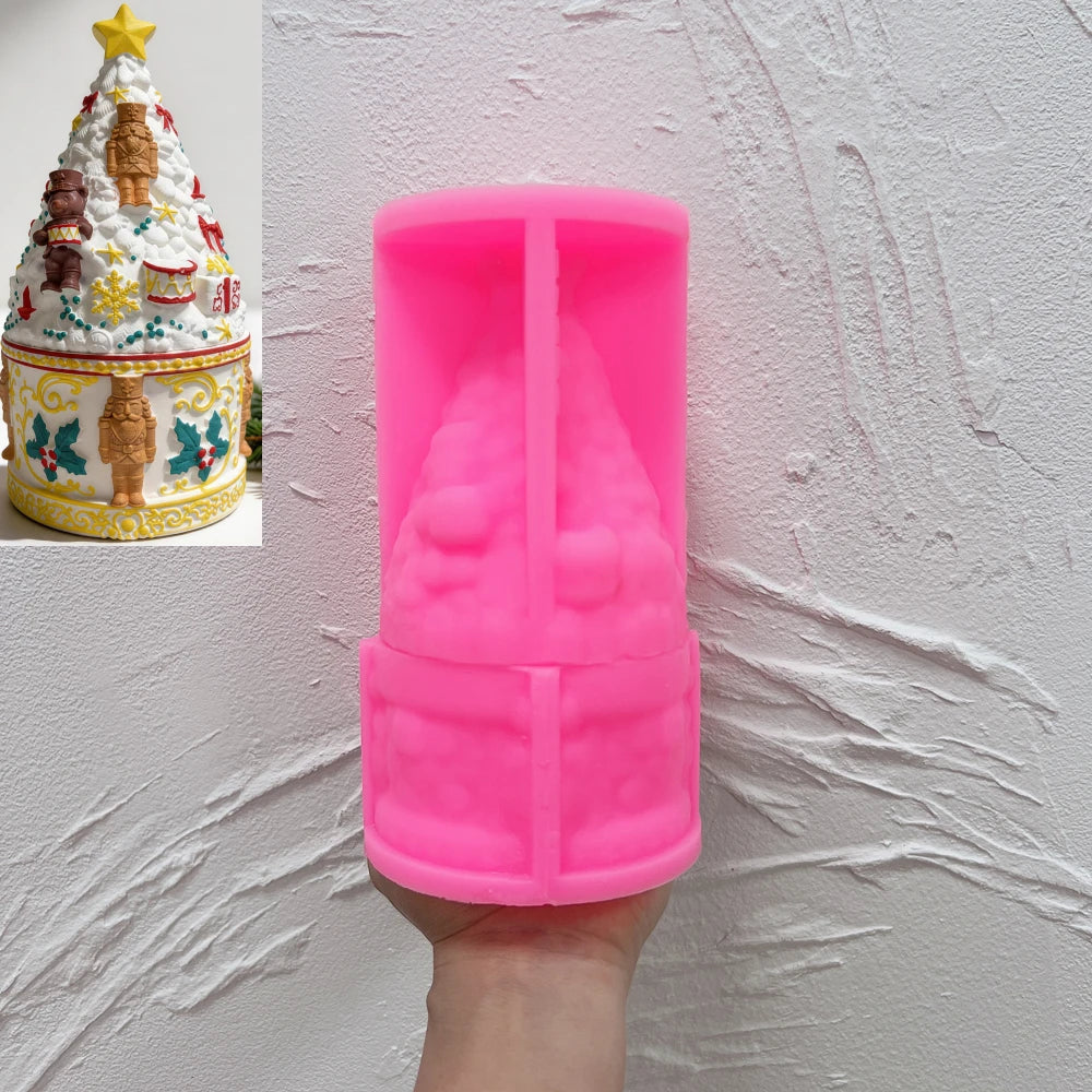 Tall pink silicone mold for nutcracker Christmas tree and lidded cylindrical base