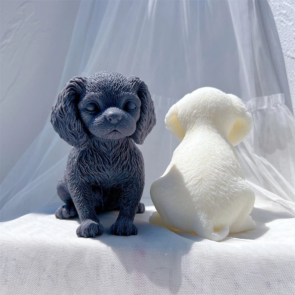 Fur-textured back and curved tail beside a front-facing puppy