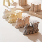 Gingerbread train jars displayed with lids fitted