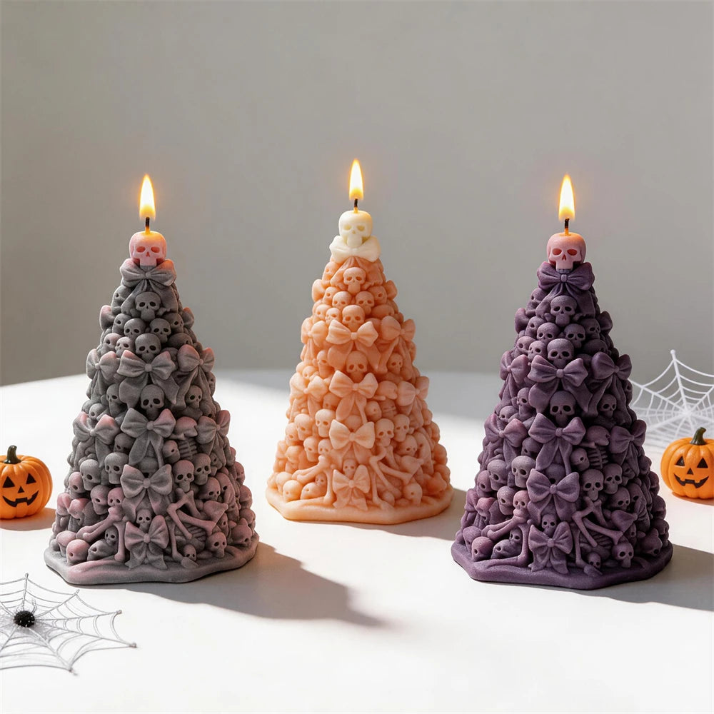 Skull-and-bow Halloween towers in gray orange and purple
