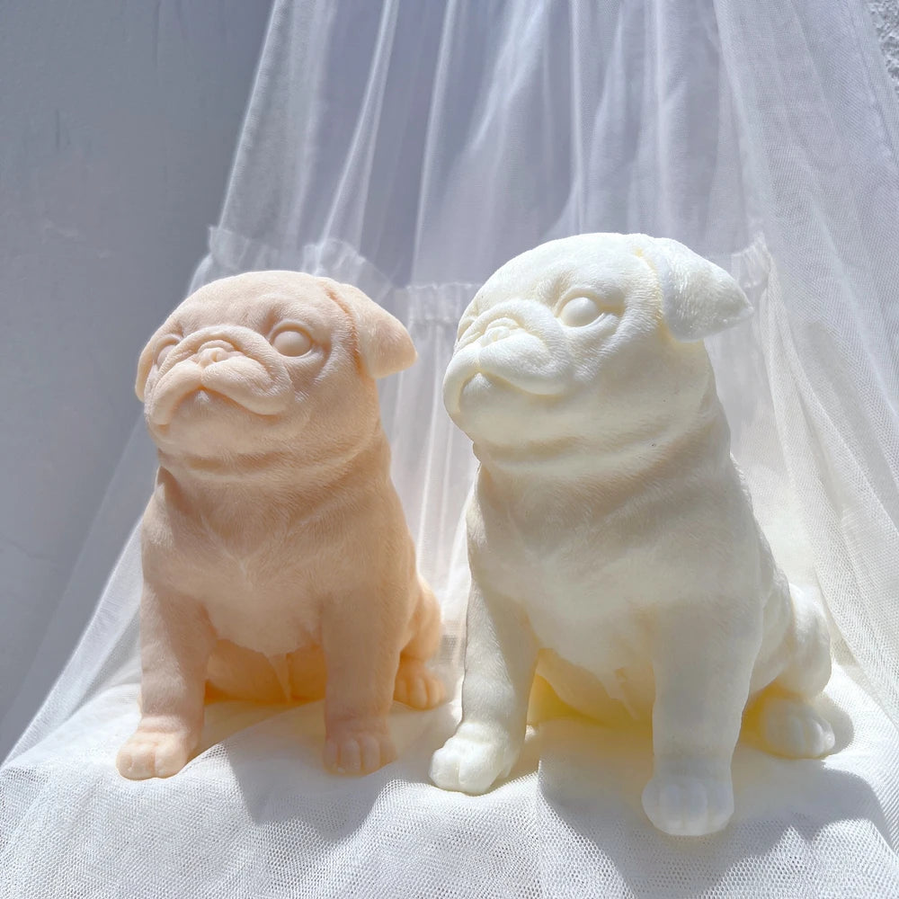 Two pug figures showing wrinkled faces and folded ears