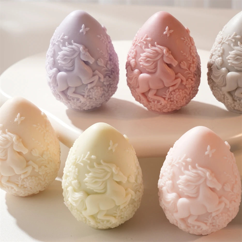 Horse-relief eggs viewed from the front with raised ornament