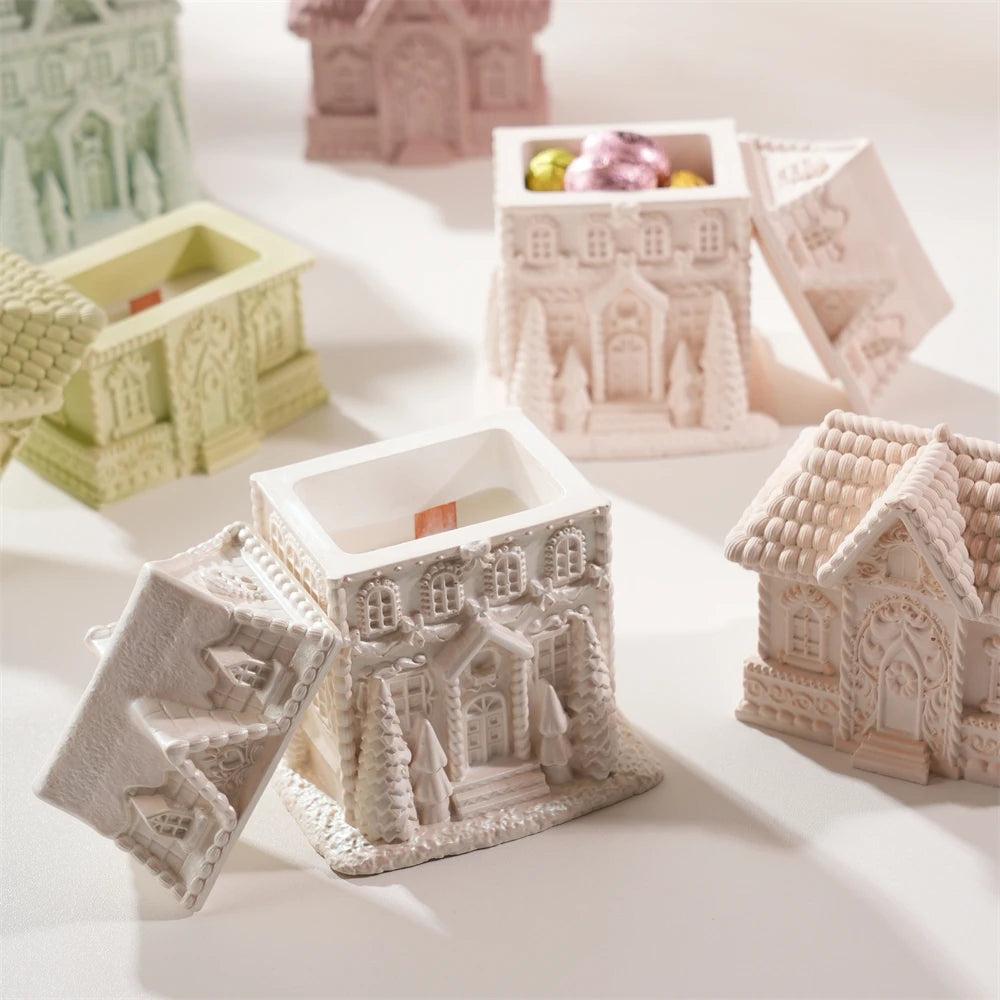 Gingerbread house containers with hollow interiors and detailed walls