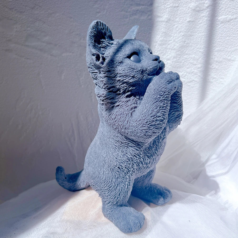 Three-quarter view of blue cat casting with hind paws and trailing tail