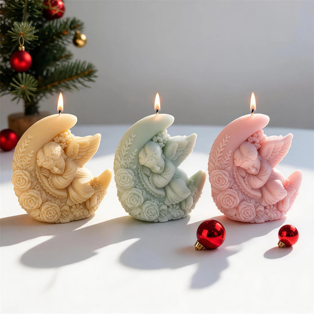 Celestial crescent and winged angel candles in different wax shades