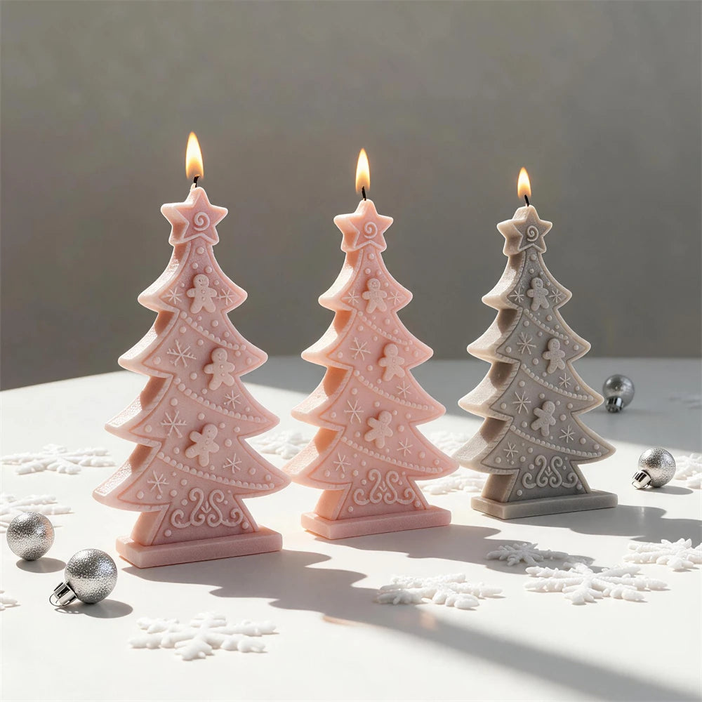Decorative Christmas tree candles in pink and gray wax shades