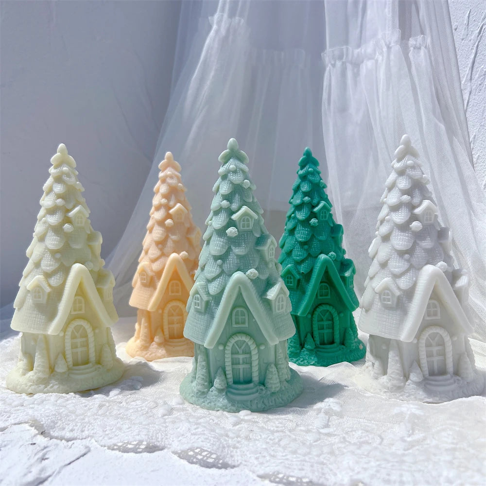Pastel tree houses with layered branches and tiny windows