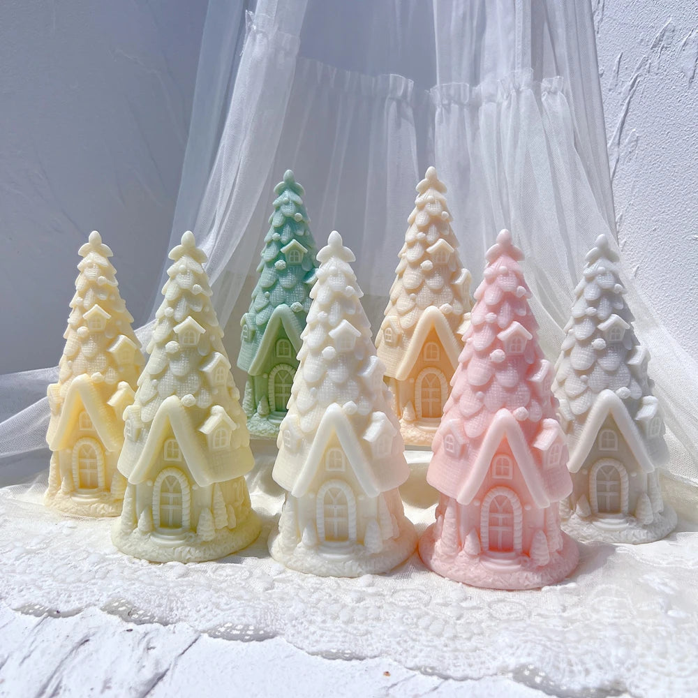 Group of tapering tree cottages with arched doorways
