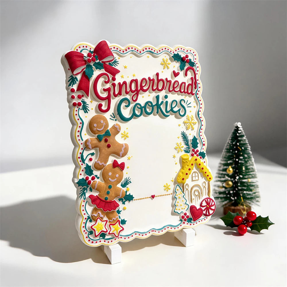 Front view of gingerbread sign lettering and festive border