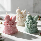 Front view of scarf-wearing snowmen above a bow-tied sack