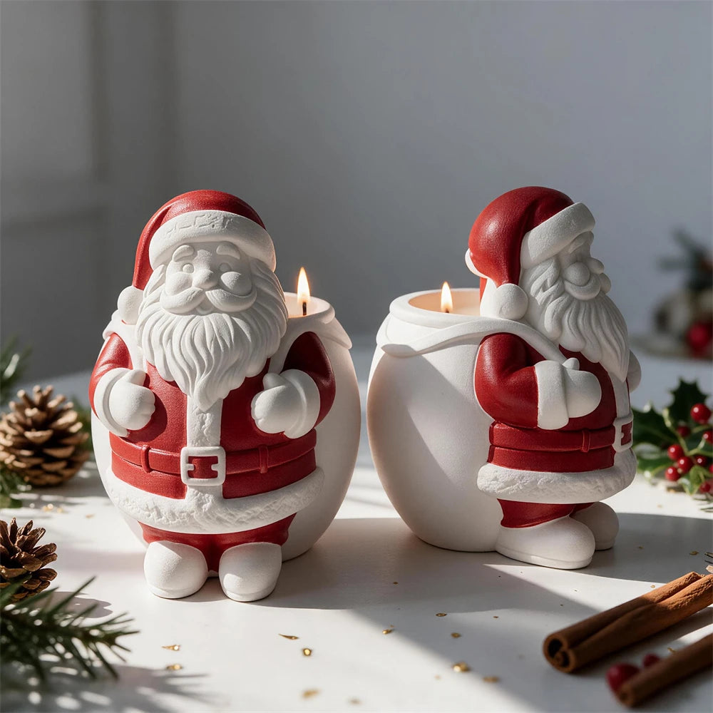White Santa casting beside a red rounded container with open upper section
