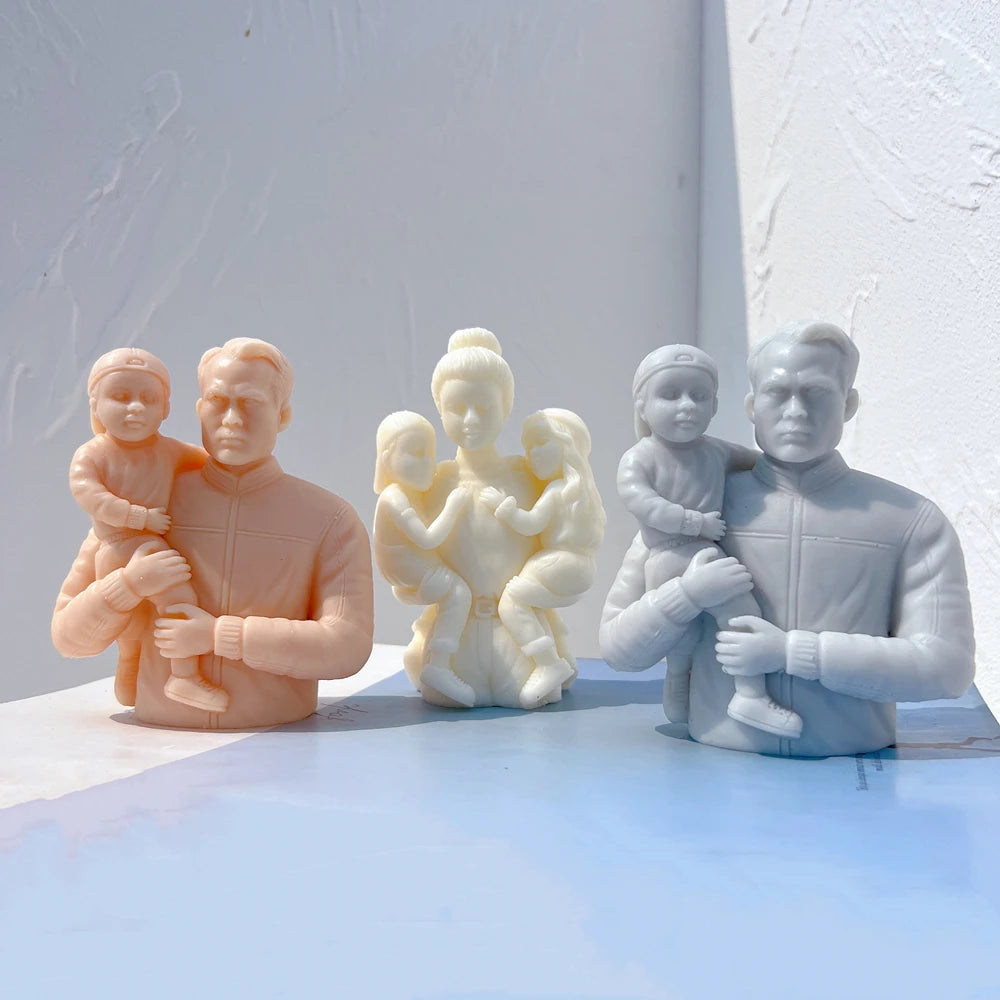 Front views of family embraces with one or two children